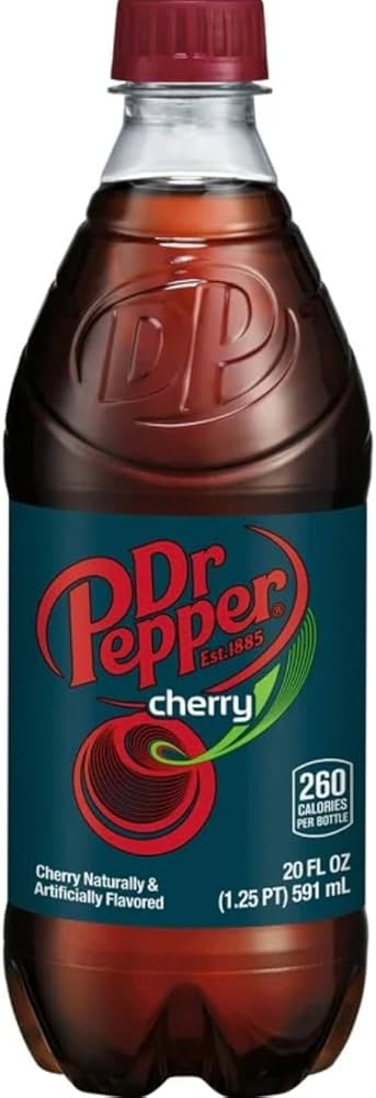 Dr Pepper Cherry, cherry-flavored soda, classic Dr Pepper, USA import, 20oz soda bottle, caffeine soda, bold cherry drink, unique soda flavors, fruity fizzy drink, nostalgic beverages.