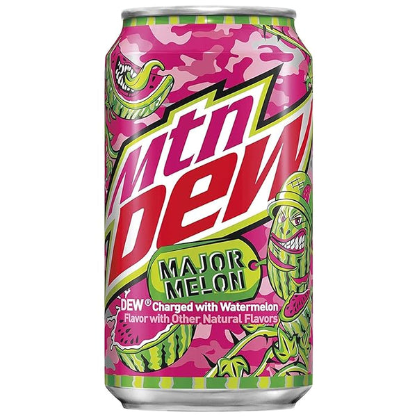 Mountain Dew Major Melon bottle, showcasing its bold pink color and enticing watermelon flavor. The bottle is set against a bright background, highlighting the refreshing and exhilarating essence of this unique soda. Perfect for quenching your thirst with a burst of juicy watermelon taste. Enjoy the fun and flavor with every sip of Mountain Dew Major Melon!