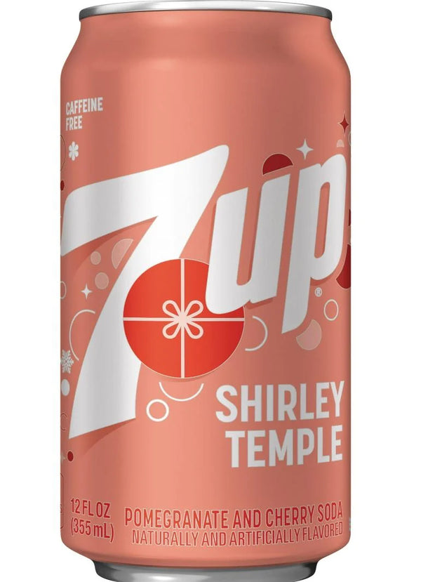 7Up Shirley Temple Soda, limited-edition soda, Shirley Temple-inspired drink, cherry-flavored soda, retro beverage, 7Up limited edition, lemon-lime and cherry soda, collectible soda can, fizzy mocktail soda, nostalgic soft drinks.