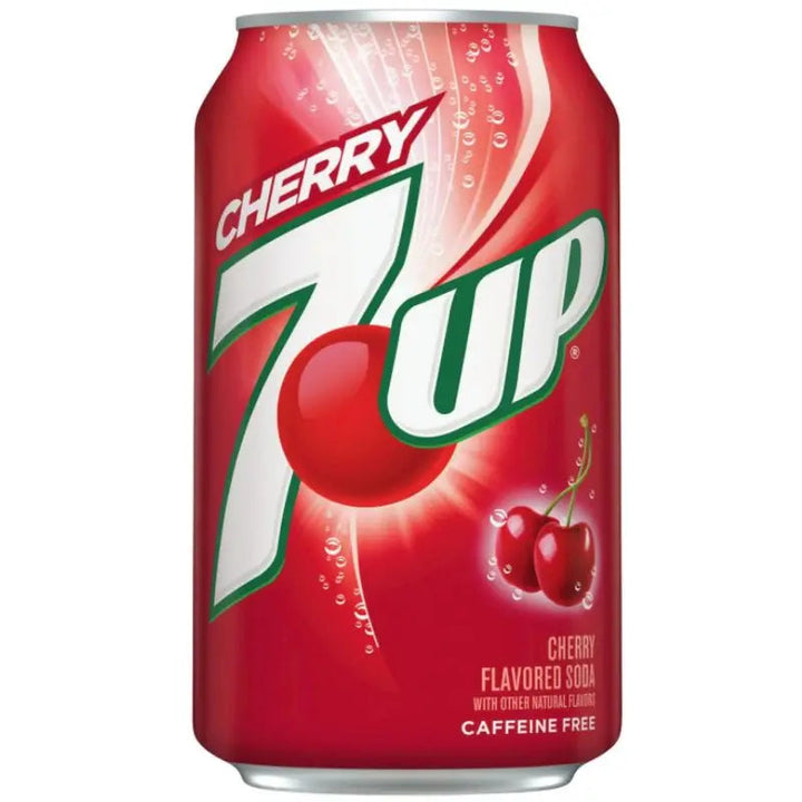 7up Cherry, cherry flavored soda, 7up USA drink, 12oz 7up can, fruity soda drink, caffeine-free cherry soda, refreshing cherry beverage, cherry lemon-lime soda, American cherry soda, sweet and bubbly drink.