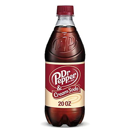 Dr Pepper Cream Soda, creamy vanilla soda, classic Dr Pepper, USA import soda, 20oz bottle soda, fizzy sweet drink, unique soda flavors, caffeine soda, Dr Pepper with cream, nostalgic beverages.