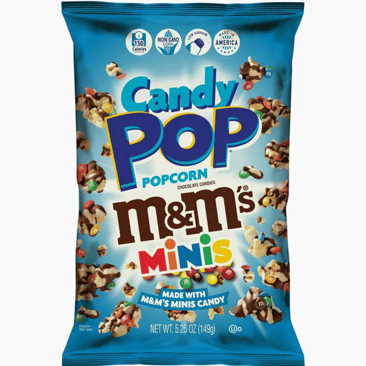 Candy Pop M&M Popcorn, M&M flavored popcorn, chocolate popcorn, 5.25oz popcorn snack, sweet and salty snack, candy-coated popcorn, movie night popcorn, M&M popcorn treat, popcorn with candy, gourmet popcorn.