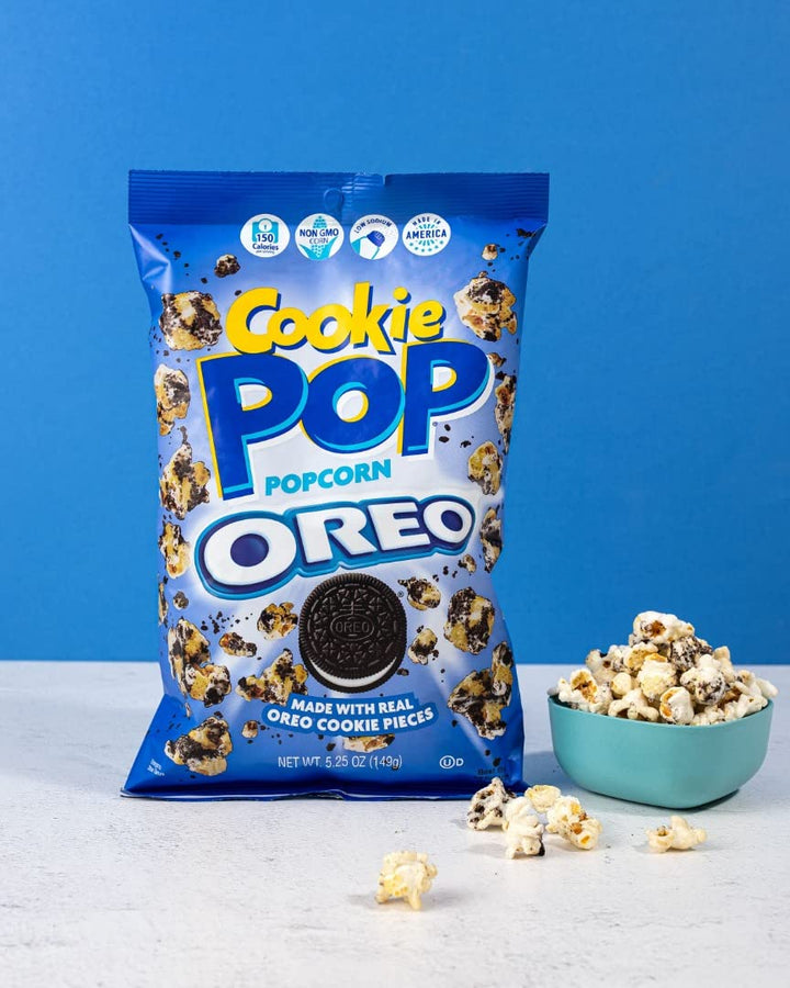 Cookie Pop Oreo Popcorn, Oreo flavored popcorn, sweet popcorn snack, 5.25oz popcorn, movie night snack, cookie and popcorn mix, Oreo cookie popcorn, gourmet popcorn, sweet and crunchy treat, Oreo snack.