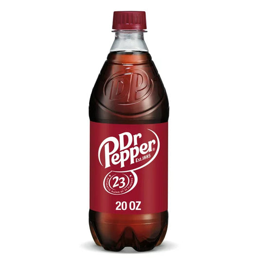 Dr Pepper Original, classic Dr Pepper, USA import soda, 20oz bottle, unique 23-flavor blend, bold soda, caffeine drink, original Dr Pepper taste, fizzy soft drink, nostalgic beverages.