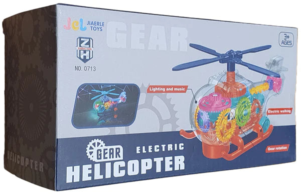 Clear Concept Helicopter Toy: An electric, mechanical gear helicopter featuring vibrant lights and delightful music. With moving gears.
