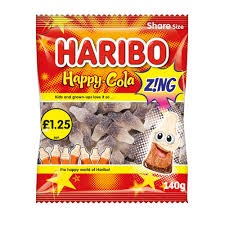 Haribo Happy Cola Zing, cola-flavored gummies, sour cola candy, tangy gummy candy, 154g Haribo candy, fizzy cola gummies, Haribo cola bottle, sweet and sour gummies, Haribo snacks, classic gummy candy.