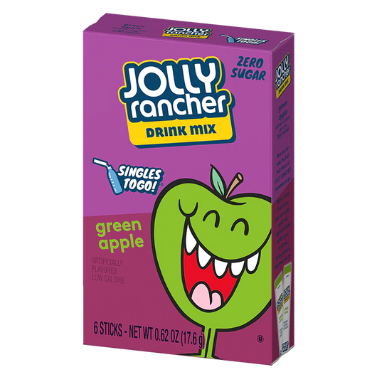 Jolly Rancher drink mix, green apple drink mix, sugar-free drink packets, Jolly Rancher Singles To Go, water flavoring packets, low-calorie drink mix, on-the-go hydration, green apple flavor, drink mix packets, Jolly Rancher water enhancer.