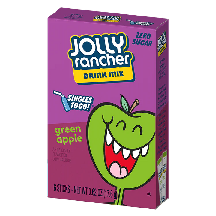 Jolly Rancher drink mix, green apple drink mix, sugar-free drink packets, Jolly Rancher Singles To Go, water flavoring packets, low-calorie drink mix, on-the-go hydration, green apple flavor, drink mix packets, Jolly Rancher water enhancer.