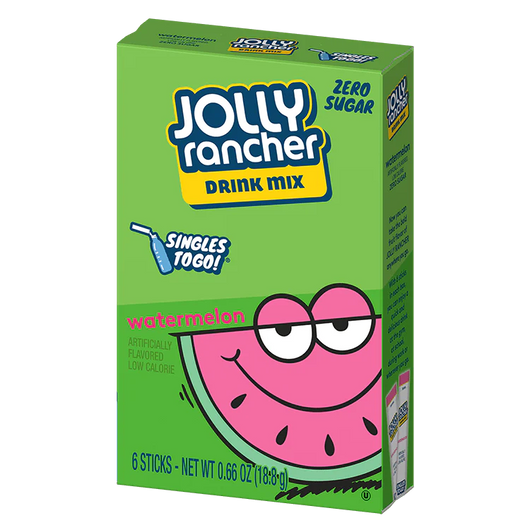 Jolly Rancher drink mix, watermelon drink mix, sugar-free drink packets, Jolly Rancher Singles To Go, water flavoring packets, low-calorie drink mix, on-the-go hydration, watermelon flavor, drink mix packets, Jolly Rancher water enhancer.