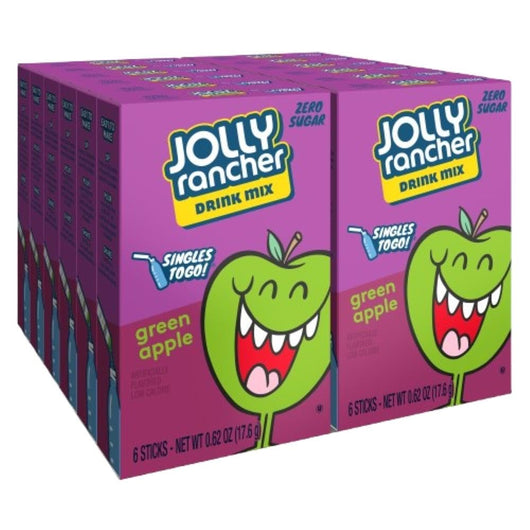 Jolly Rancher Green Apple Singles To Go, green apple drink mix, sugar-free drink mix, Jolly Rancher water enhancer, fruity hydration, portable drink packets, low-calorie drink mix, Jolly Rancher Singles, tangy green apple flavor, flavored water mix.