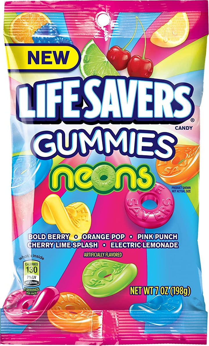 Life Savers Neon Gummies, fruity gummy candy, neon-colored gummies, Life Savers candy USA, 7oz Life Savers, chewy fruit snacks, colorful gummy candy, Life Savers gummy treats, bold fruity flavors, bright and chewy candy.
