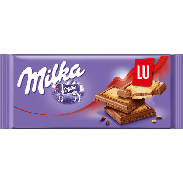 Milka LU chocolate bar, chocolate with biscuits, Milka 87g bar, European chocolate, Milka Alpine milk chocolate, creamy chocolate with biscuits, Milka snack, imported Milka chocolate, sweet and crunchy treats, LU biscuit chocolate.
