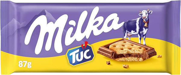 Milka Tuc chocolate, sweet and salty chocolate, Milka chocolate with crackers, 87g Milka bar, European chocolate, Milka Alpine milk chocolate, crunchy chocolate bar, Milka snack, imported Milka chocolate, Tuc cracker chocolate.