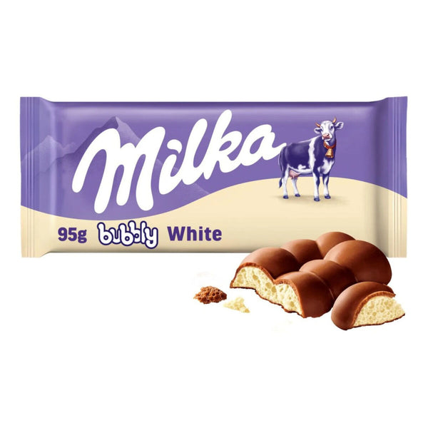 Milka Bubbly White chocolate, airy white chocolate bar, Milka 95g bar, European chocolate, Milka Alpine milk chocolate, creamy white chocolate, bubbly chocolate, Milka candy, smooth chocolate treat, imported Milka chocolate.