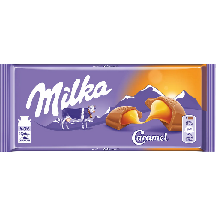 Milka Caramel chocolate, chocolate with caramel filling, Milka 100g bar, European chocolate, Milka Alpine milk chocolate, creamy caramel chocolate, Milka snack, imported Milka chocolate, sweet and indulgent treats, caramel-filled candy bar.