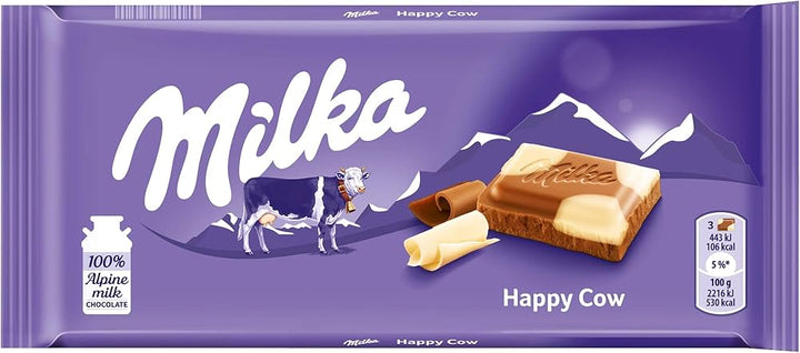 Milka Happy Cows chocolate, milk and white chocolate bar, Milka 100g bar, European chocolate, Milka Alpine milk chocolate, creamy white chocolate, fun chocolate bar, Milka candy, sweet treats, Milka imported chocolate.