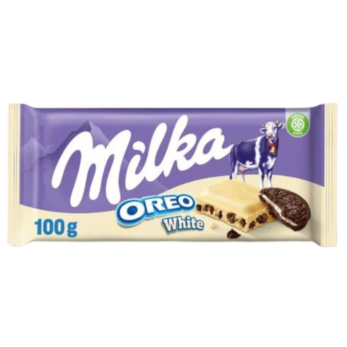 Milka Oreo White chocolate, white chocolate bar, Milka chocolate with Oreo, 100g Milka bar, European chocolate, Milka Alpine milk chocolate, creamy white chocolate, Oreo cookie chocolate, Milka candy bar, sweet treats.