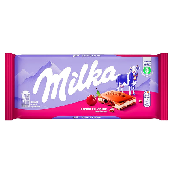 Milka Cherry Cream chocolate, cherry-filled chocolate bar, Milka 100g bar, European chocolate, Milka Alpine milk chocolate, fruity chocolate bar, cherry cream filling, Milka chocolate treat, imported Milka chocolate, creamy chocolate with cherry.