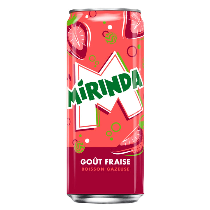 Mirinda Strawberry slim can, strawberry flavored soda, fruity soda drink, 330ml Mirinda, strawberry soda, refreshing strawberry drink, Mirinda soda, carbonated strawberry drink, sweet fizzy drink, strawberry beverage.