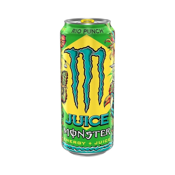 Monster Juice Rio Punch, tropical energy drink, Monster Juice energy, 16oz Monster drink, fruity energy drink, bold tropical punch, Monster USA, energy boost drink, Monster Juice flavors, exotic fruit punch drink.