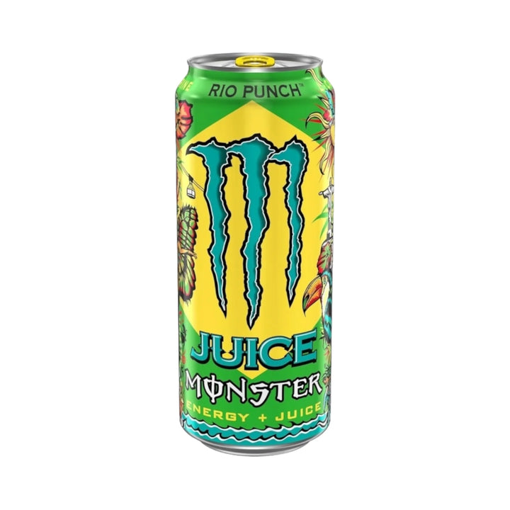 Monster Juice Rio Punch, tropical energy drink, Monster Juice energy, 16oz Monster drink, fruity energy drink, bold tropical punch, Monster USA, energy boost drink, Monster Juice flavors, exotic fruit punch drink.