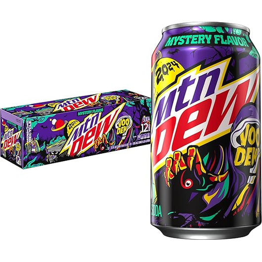 Mountain Dew VooDew 2024, mystery flavor Mountain Dew, Halloween edition Mountain Dew, limited edition VooDew, 12oz Mountain Dew can, Mountain Dew seasonal flavor, VooDew mystery drink, spooky soda, Mountain Dew Halloween USA, fruity mystery soda.