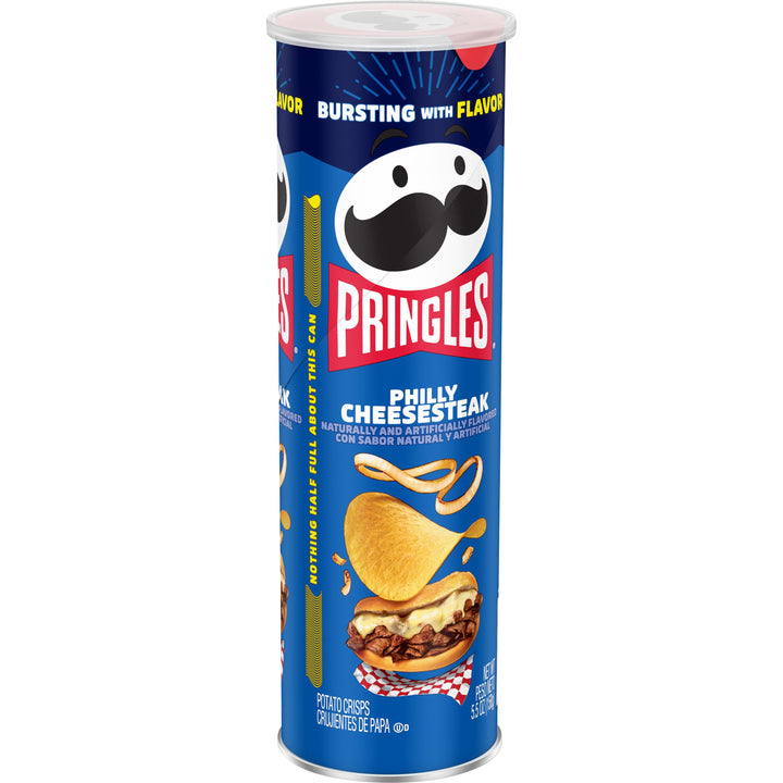 Pringles Philly Cheesesteak, savory snack crisps, steak and cheese chips, Pringles bold flavors, Philly-inspired chips, Pringles limited edition, unique chip flavors, cheesesteak snack, resealable chip can, snack for parties.