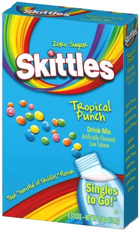 Skittles Zero Sugar, tropical punch drink mix, sugar-free hydration, fruity water enhancer, Skittles drink mix, low-calorie beverage, tropical flavored drinks, portable drink packets, candy-inspired hydration, gluten-free drink mix, instant tropical flavor.