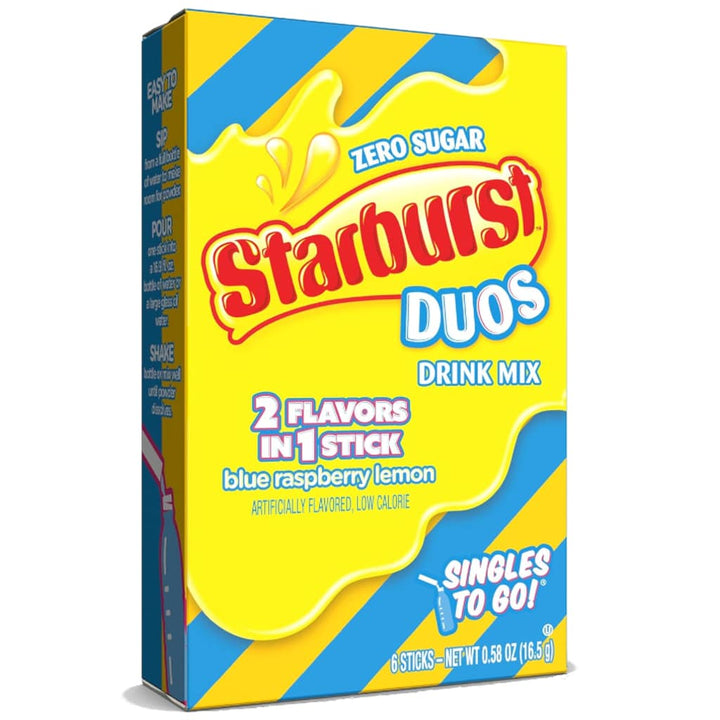 Starburst Singles to Go, DUOS Blue Raspberry Lemon, sugar-free drink mix, low-calorie hydration, fruity water enhancer, Starburst drink mix, portable drink packets, candy-inspired drinks, gluten-free beverage, instant blue raspberry lemon flavor, Starburst water mix.