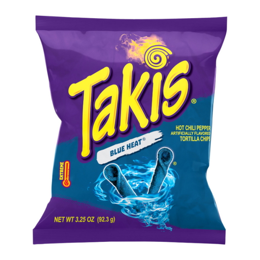 Takis Blue Heat, spicy blue tortilla chips, hot chilli pepper snacks, bold blue chips, Takis 80g pack, fiery rolled chips, spicy snacks for heat lovers, portable spicy snacks, Takis individual bags, blue tortilla chips.