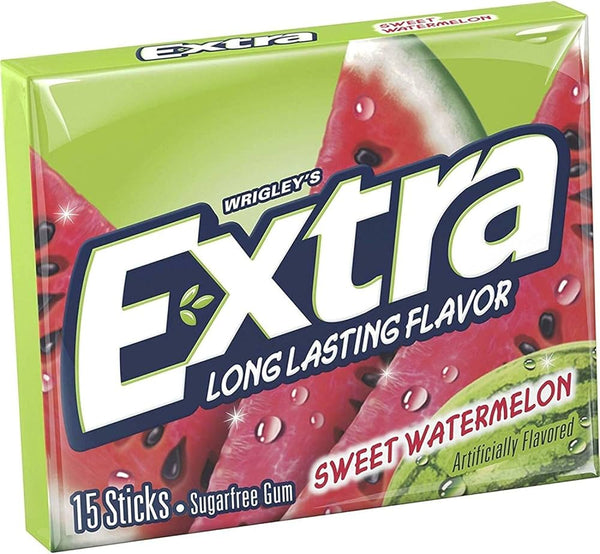 Wrigley’s Extra Sweet Watermelon gum, sugar-free chewing gum, fruity gum, watermelon flavored gum, long-lasting flavor gum, summer flavored gum, Extra gum flavors, refreshing gum, sugar-free candy, fresh breath gum.