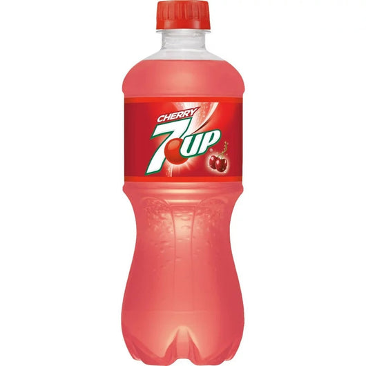 7UP Cherry, cherry-flavored soda, lemon-lime soda, USA import soda, caffeine-free soda, fruity soda, fizzy drink, 20oz soda bottle, cherry lemon-lime drink, refreshing soda, 7UP USA