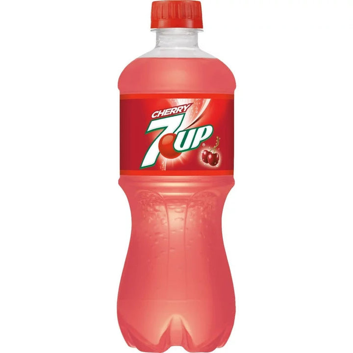 7UP Cherry, cherry-flavored soda, lemon-lime soda, USA import soda, caffeine-free soda, fruity soda, fizzy drink, 20oz soda bottle, cherry lemon-lime drink, refreshing soda, 7UP USA