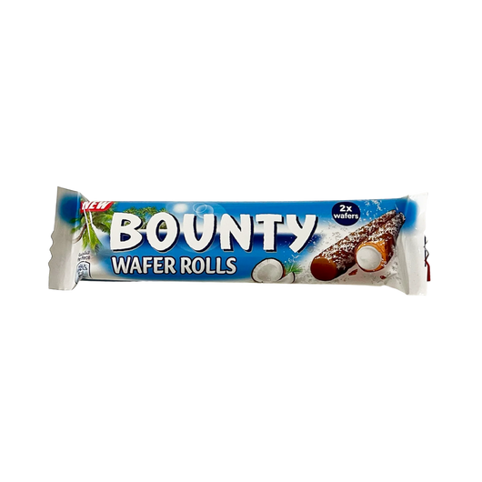 Bounty Wafer Rolls, Dubai import snacks, coconut wafer rolls, crispy coconut snack, chocolate-coated wafers, tropical snacks, imported candy, light and crispy snack, Bounty chocolate, coconut-filled treats, premium snacks.