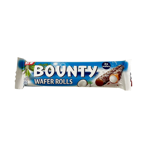 Bounty Wafer Rolls, Dubai import snacks, coconut wafer rolls, crispy coconut snack, chocolate-coated wafers, tropical snacks, imported candy, light and crispy snack, Bounty chocolate, coconut-filled treats, premium snacks.