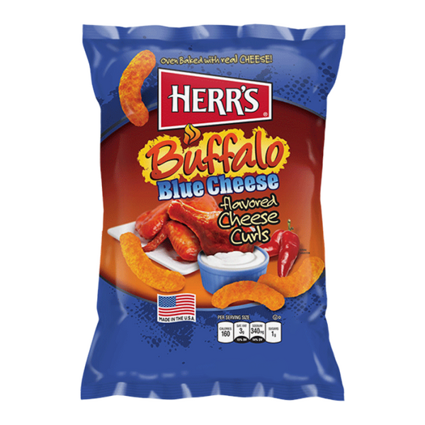 Herr's Buffalo Blue Cheese Curls, spicy cheese curls, buffalo sauce snacks, blue cheese flavor, puffed cheese curls, crunchy snacks, spicy snacks, snack time, party snacks, Herr's cheese curls.