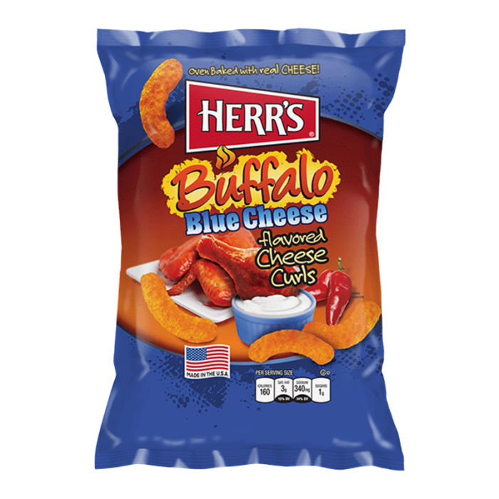 Herr's Buffalo Blue Cheese Curls, spicy cheese curls, buffalo sauce snacks, blue cheese flavor, puffed cheese curls, crunchy snacks, spicy snacks, snack time, party snacks, Herr's cheese curls.