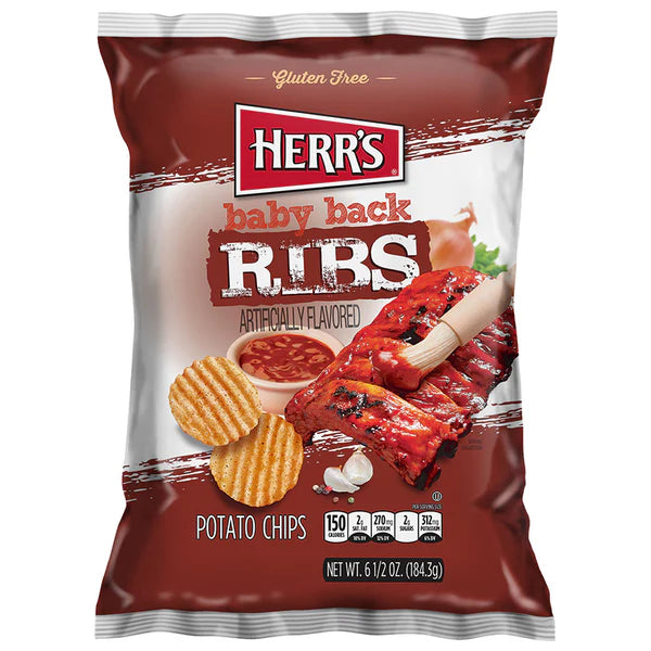 Herr's Baby Back Ribs Chips, barbecue potato chips, rib-flavored chips, smoky BBQ chips, kettle-cooked chips, Herr’s BBQ snacks, bold flavored potato chips, shareable snack bags, BBQ-inspired chips, savory snacks.