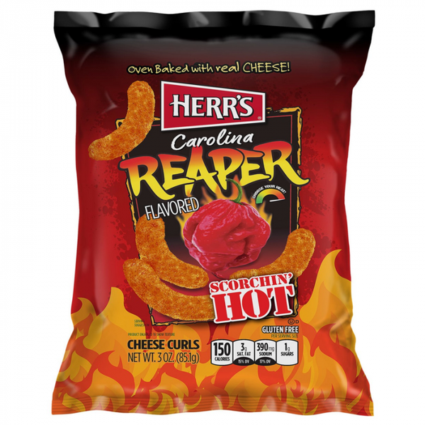 Herr's Carolina Reaper Cheese Curls, spicy cheese curls, extreme heat snacks, Carolina Reaper flavored snacks, hot cheese curls, spicy snacks, single-serve snacks, on-the-go snacks, spicy cheese puffs, fiery snacks.