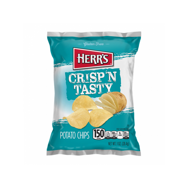 Herr's potato chips, Crisp N Tasty chips, classic potato chips, Herr's USA snacks, 1oz chip bag, single-serve chips, salty snacks, American potato chips, Herr's snacks, crunchy potato chips.