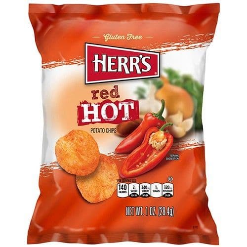 Herr's Red Hot Potato Chips, spicy kettle chips, hot potato chips, fiery snack, zesty chips, single-serving spicy snacks, on-the-go snacks, Herr’s chips, bold flavored chips, crispy hot chips, lunchbox snacks.