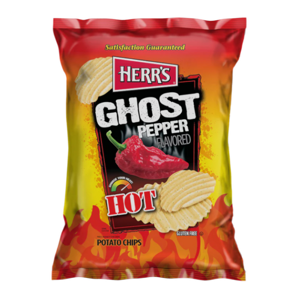 Herr's Ghost Pepper Chips, extra-hot potato chips, spicy snacks, ghost pepper chips, kettle-cooked spicy chips, Herr’s fiery snacks, hot and smoky chips, bold flavored chips, shareable spicy snacks, extreme heat chips.