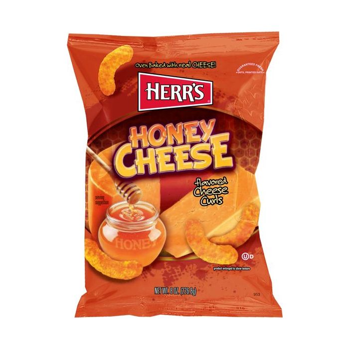 Herr's Honey Cheese Curls, sweet and savory snacks, cheese-flavored curls, honey cheddar curls, Herr's snacks USA, 6.5oz snack bag, party snacks, cheesy honey curls, crunchy cheese curls, Herr's cheese curls.