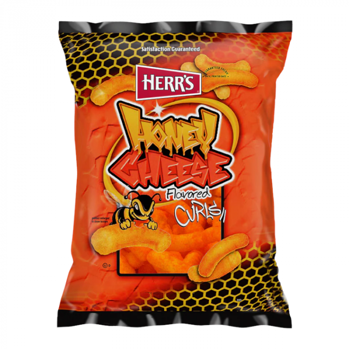 Herr's Honey Cheese Curls, cheese curls snack, sweet and savory snacks, single-serve cheese curls, Herr's USA snacks, honey-flavored snacks, cheesy honey curls, crispy cheese snacks, Herr's cheese curls, American snack foods.