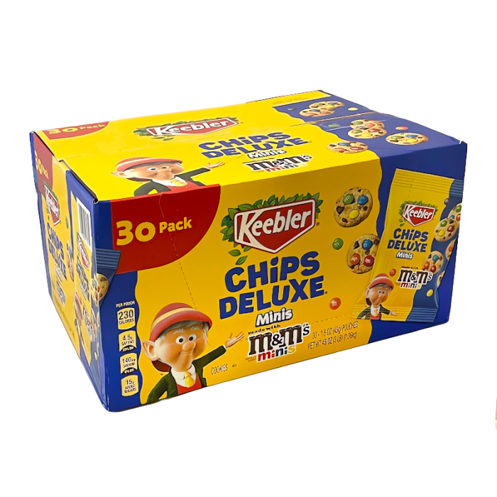 Keebler Chips Deluxe, bite size cookies, chocolate chip cookies, snack packs, individually wrapped cookies, on-the-go snacks, lunchbox treats, Keebler Elves, party snacks, cookie box.
