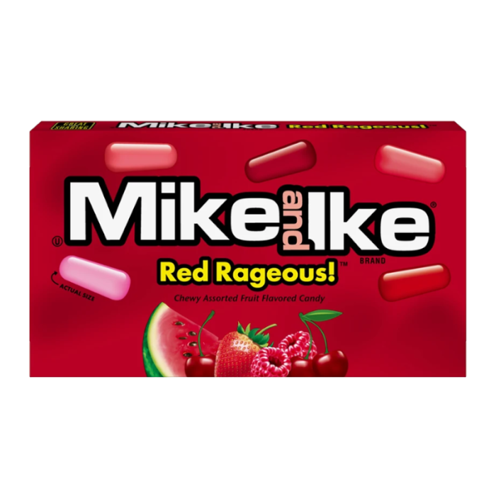 Mike & Ike RedRageous, red fruit candy, chewy candy, cherry candy, strawberry candy, raspberry candy, watermelon candy, fruit punch candy, theater box candy, vegan candy, gluten-free candy, nostalgic candy, movie night snacks, candy nutritional facts.