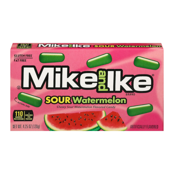 Mike & Ike Sour Watermelon, sour chewy candy, watermelon-flavored candy, theater box candy, vegan candy, gluten-free candy, tangy candy, sour fruit snacks, movie night treats, sour watermelon candy.