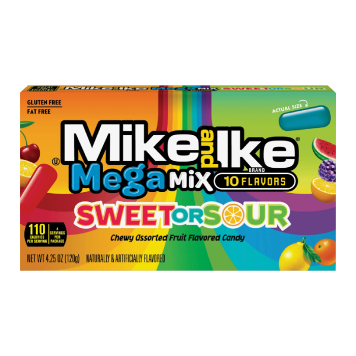 Mike & Ike Mega Mix Sweet & Sour, sweet and sour candy, fruity chewy candy, theater box candy, vegan candy, gluten-free candy, bold flavor candy, tangy and sweet candy mix, movie night snacks, sour fruit candy, candy nutritional facts.