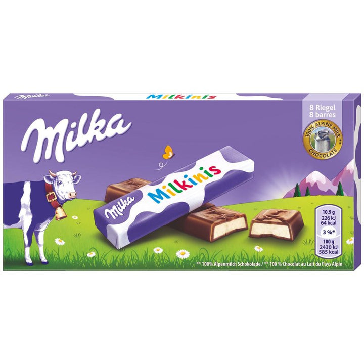 Milka Milkinis Chocolate Bar, creamy milk chocolate, Alpine milk chocolate, European chocolate, Milka chocolate bar, sweet treats, chocolate snacks, milky filling chocolate, imported chocolate, family-friendly chocolate, chocolate gift ideas.