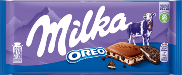 Milka Oreo chocolate bar, Oreo-filled chocolate, Milka 100g bar, European chocolate, Milka Alpine milk chocolate, creamy Oreo chocolate, chocolate with cookies, imported Milka chocolate, chocolate and cookie treat, Milka snack.